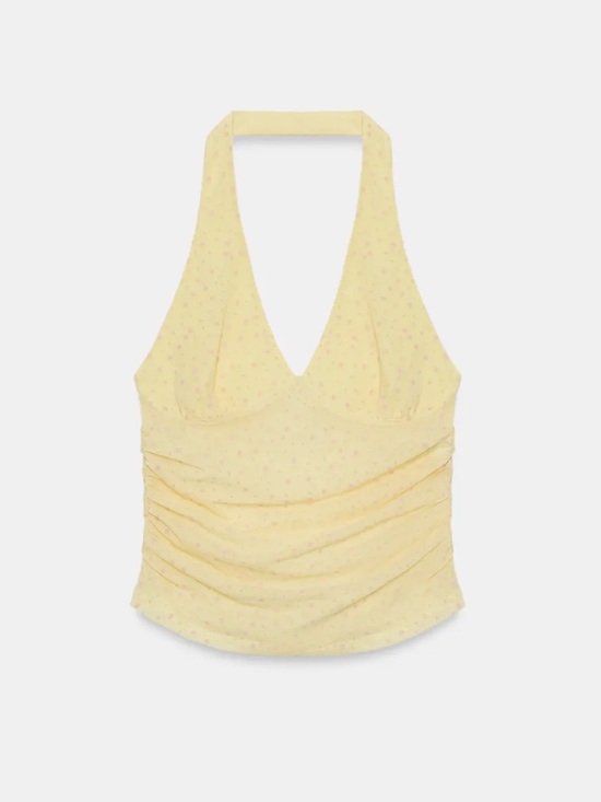 Zara Tops - Zara Dotted Mesh Halter Top, Yellow/Pink, size S